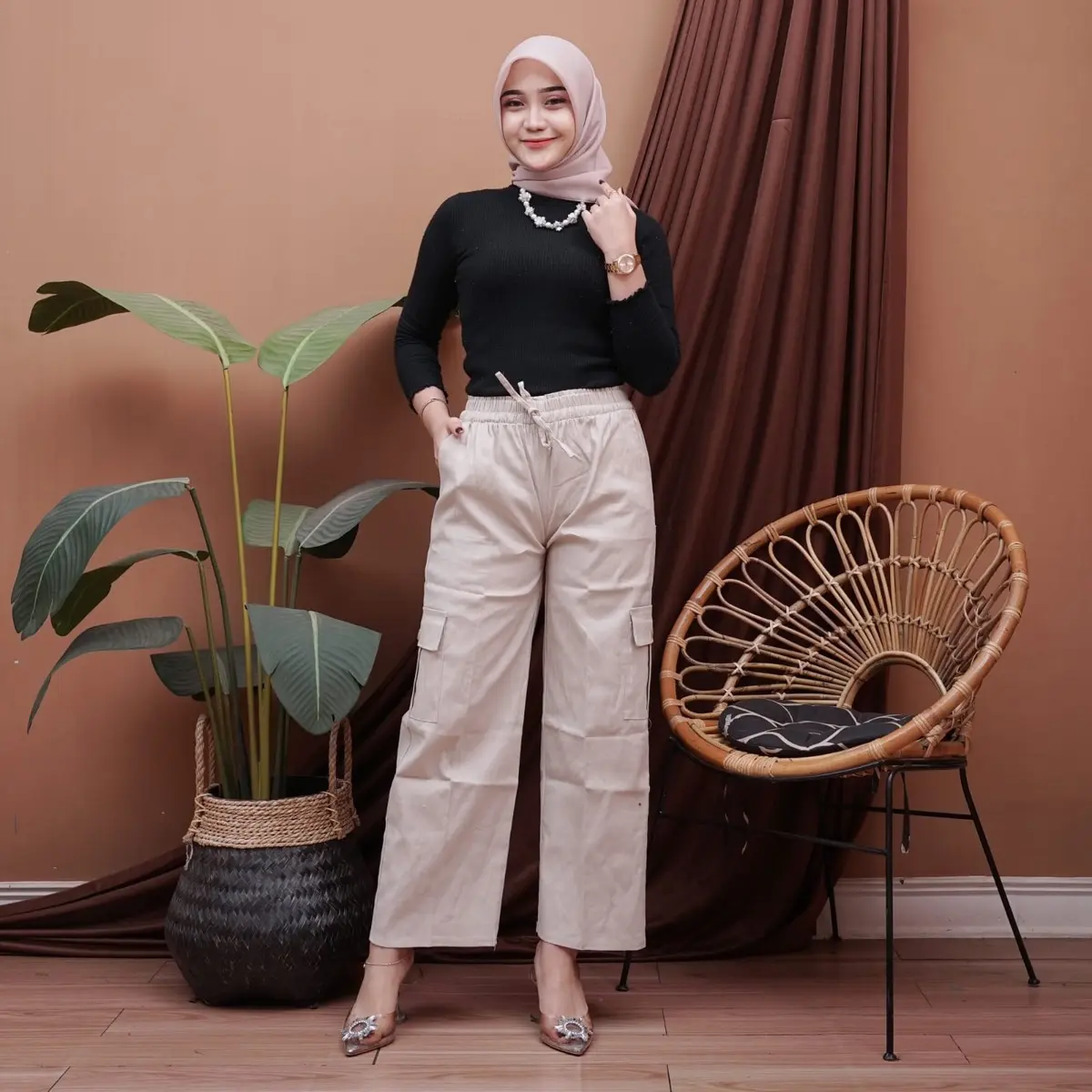 Zyta Celana Kulot Cargo Wanita Highwaist Premium Tali Aktif Full Karet Serut Bahan Twill Combad Premium Kekinian Korean Style Panjang dasar regular celana panjang Kantong Basic Samping loose pants Crinkle Flowy outfit cewe