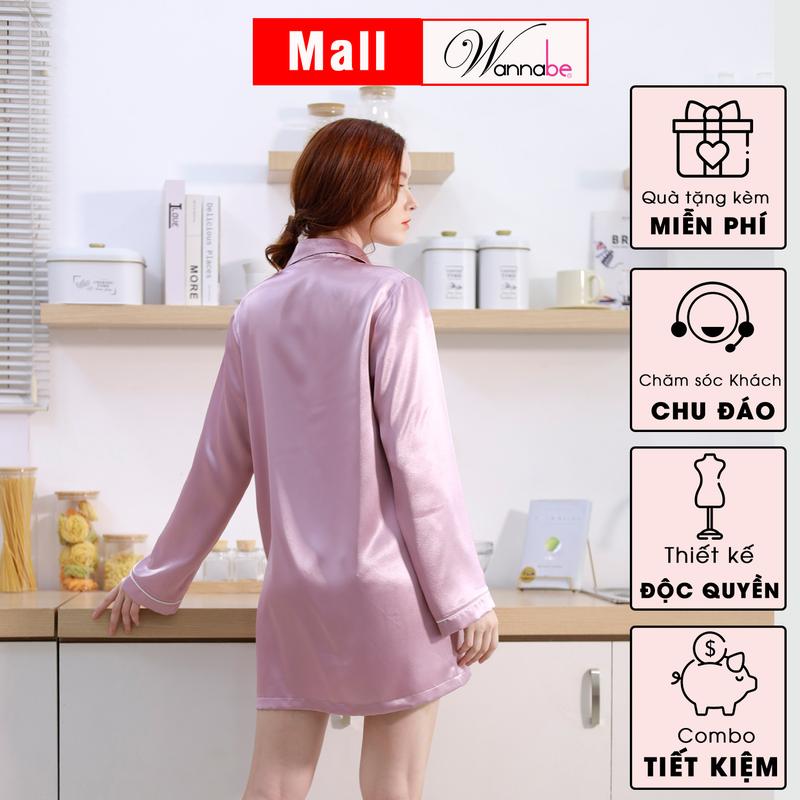 Đầm ngủ sơ mi lụa cao cấp WANNABE váy ngủ kiểu dáng pijama rộng rãi thoải mái tay dài viền gân nổi có túi tiện lợi Nữ Women Dress Đỏ Tay Loe DNS44 Tay Loe 5