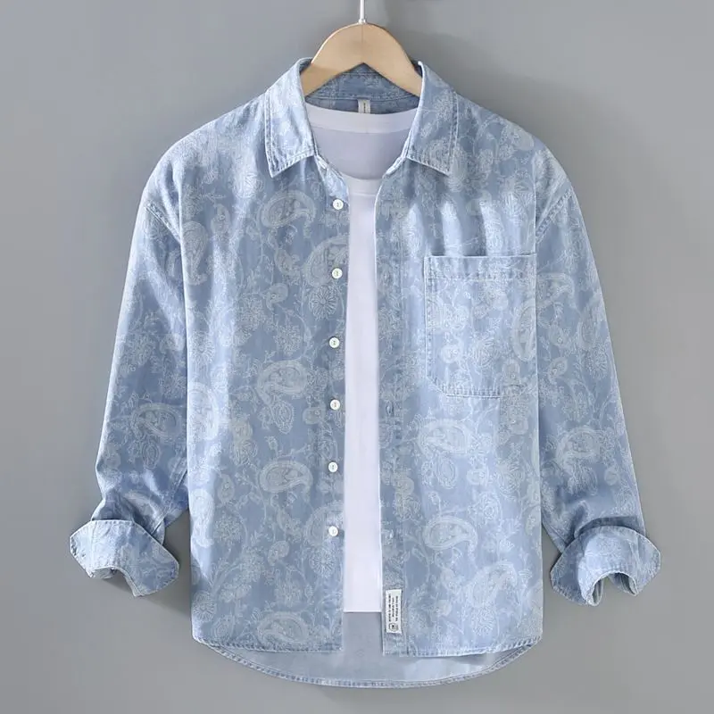 Áo Sơ Mi Denim, Cho Nam, Phong Cách Mùa Xuân Và Mùa Thu, Áo Khoác, In Hình Hợp Xu hướng Đi Chơi Nhật Bản, Áo Khoác Sơ Mi, Quần Áo Hàng Đầu, Thích Hợp Cho Mùa Xuân Và Mùa Thu, 20220224