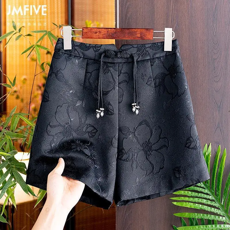 [Loss Sale]New Women Chinese Short Pants Retro Buckle Black Women's Shorts Niche Jacquard Casual Wide Leg Black White  Pants 1 Fashion Clothing Simple Lingerie Summer