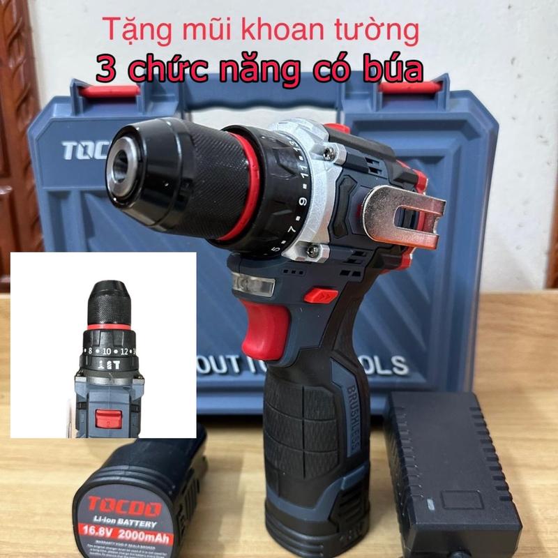 ( tặng mũi khoan )Máy khoan pin TOCDO 16,8v 3 chức năng có búa đầu kẹp 10mm tặng mũi khoan (2pin+1 sạc)
