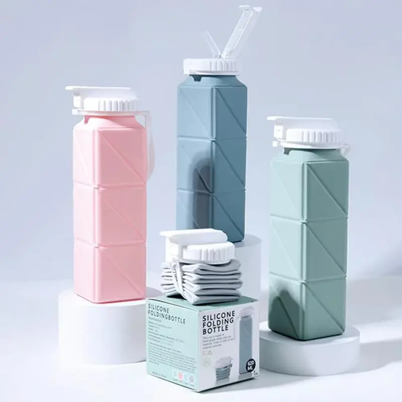 Collapsible 620ml Silicone Bottles Leak-Proof Foldable Water BPA Free Folding Bottle Outdoor Travel Tools Reusable Tumbler Bottled Cup Mug Portable Straw Lid Drinkware Detachable