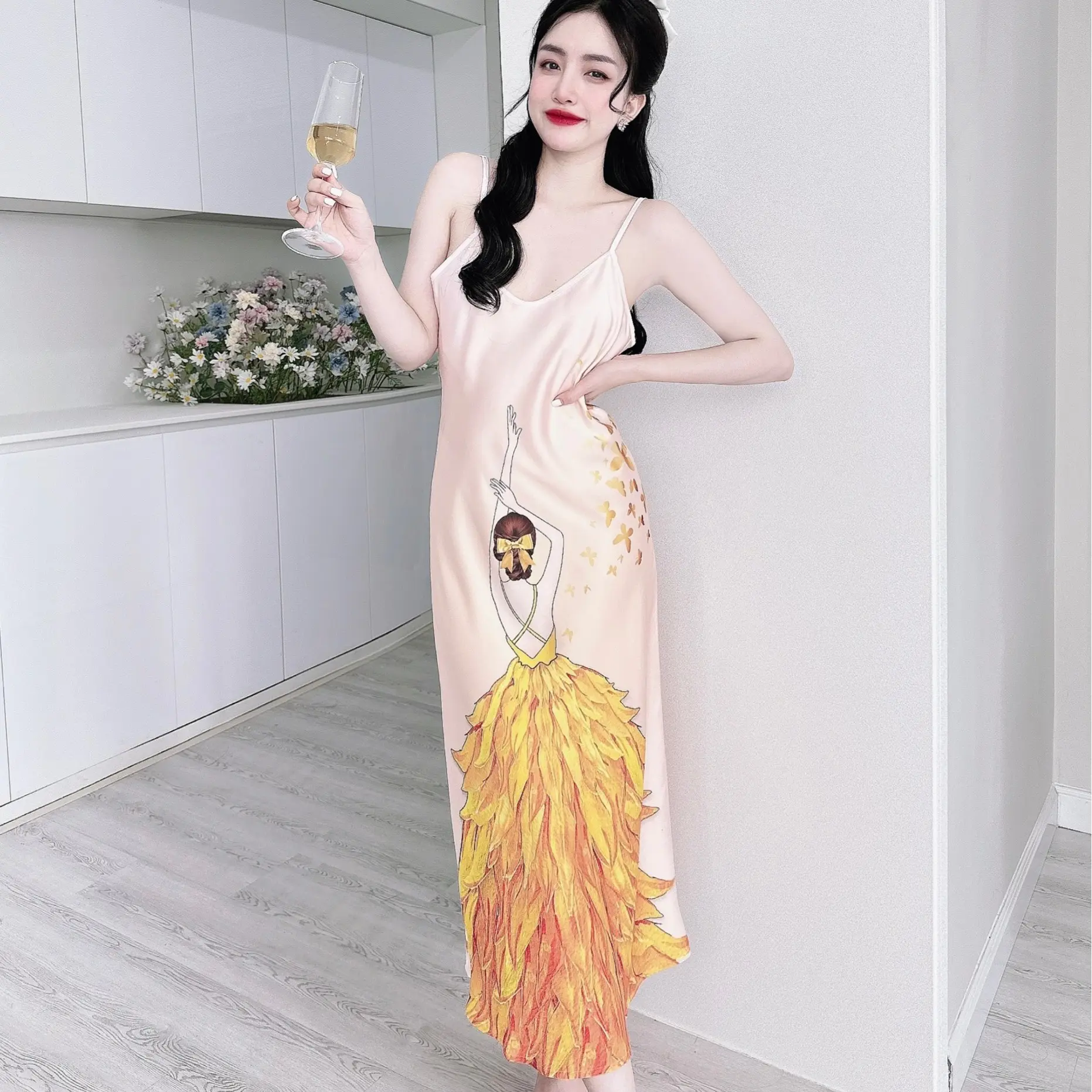 Váy Ngủ Nữ Lụa SOJUN Chất Latin In 3D Đuôi Cá Dưới 60 Ký