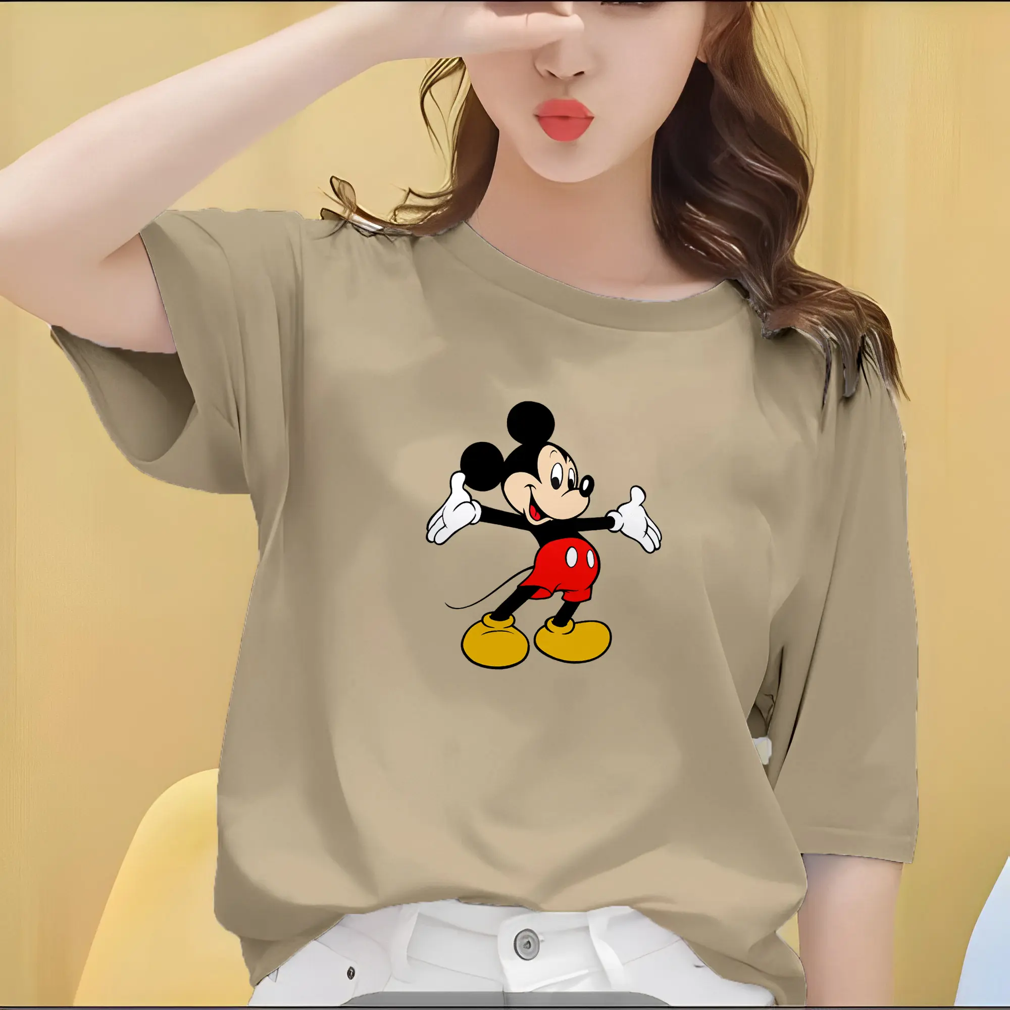 Baju Kaos Wanita Motif Mickey Welcome Bahan Katun TC Size M-XXL