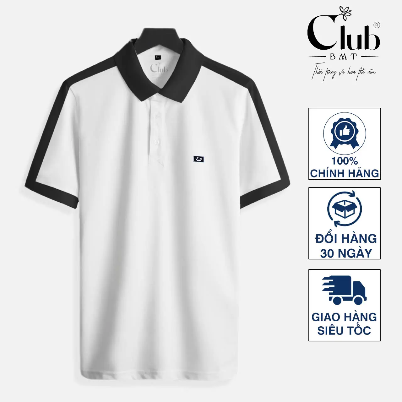 Áo polo Club BMT trắng gạo phối sọc tay đen chất vải cao cấp