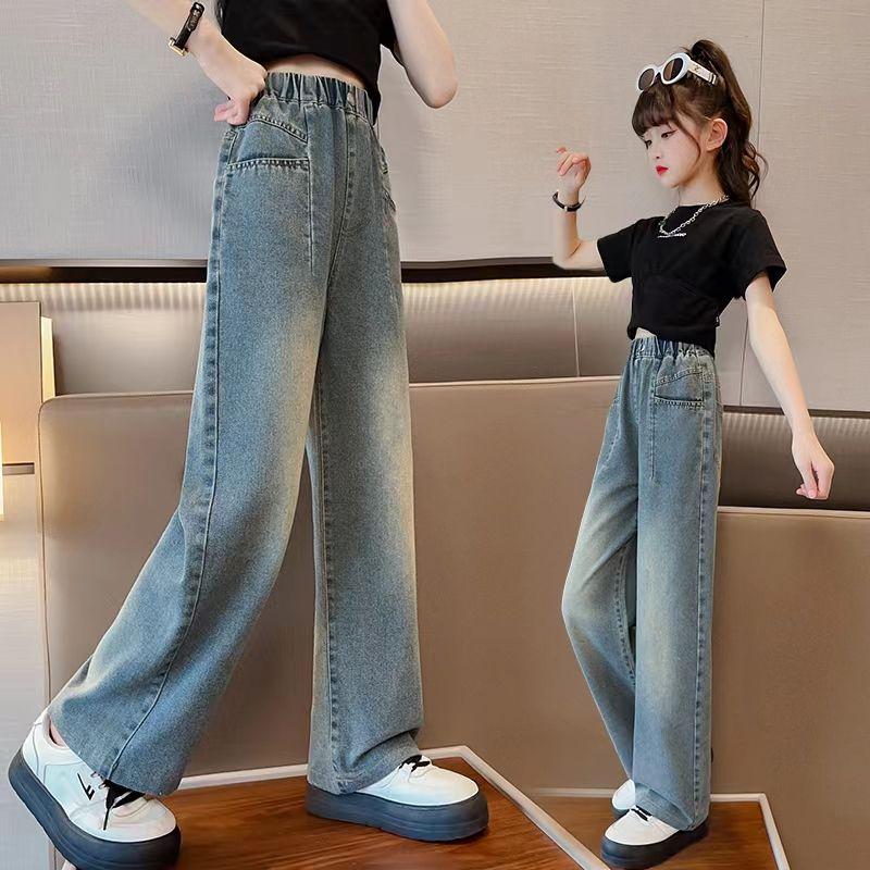 Quần Ống Rộng, Cho Bé Gái, Bộ Sưu Tập Xuân Thu 2024, Quần Jean Ngoài Trời, Màu Xanh Cổ Điển Dễ Phối Đồ Dáng Suông Rộng, Phong Cách Phương Tây, Thích Hợp Cho Trẻ Em Trung Bình Và Lớn 7