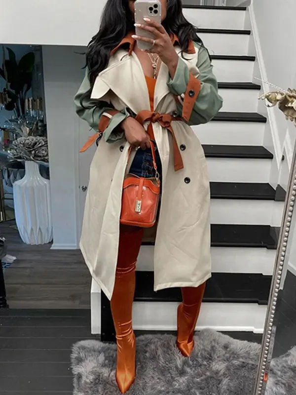 Women's Colorblock Double Button Belted Trench Coat, Basic Chic Lapel Neck Long Sleeve Outerwear For Work Office Business, Ladies Spring & Fall Clothes 0
