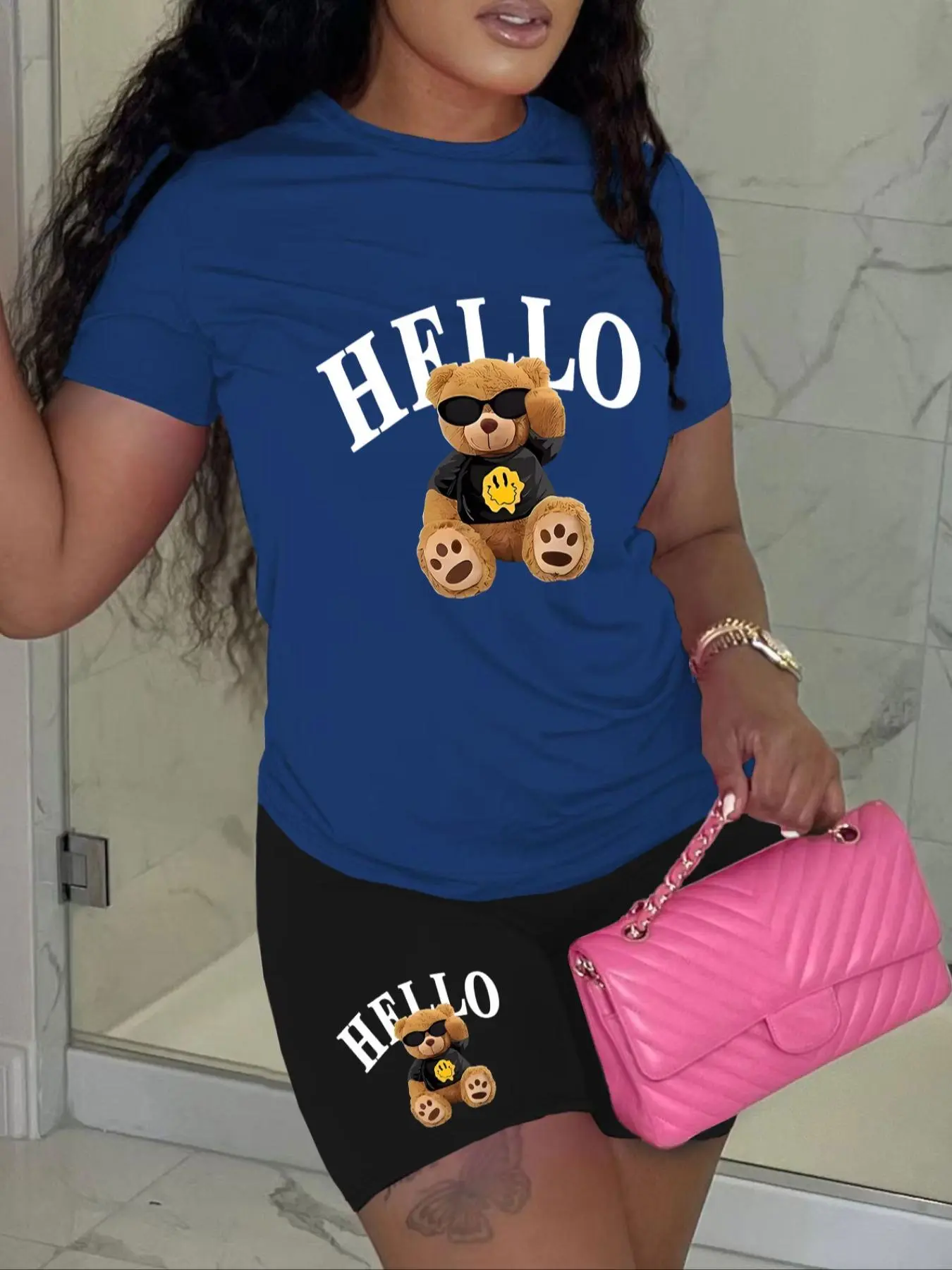 Two-Piece Set Women's Cartoon Bear & Letter Print Short Sleeve Tee & Skinny Shorts, Casual Round Neck T-shirt & Elastic Waist Shorts, Summer Clothes for Daily Wear, Suits