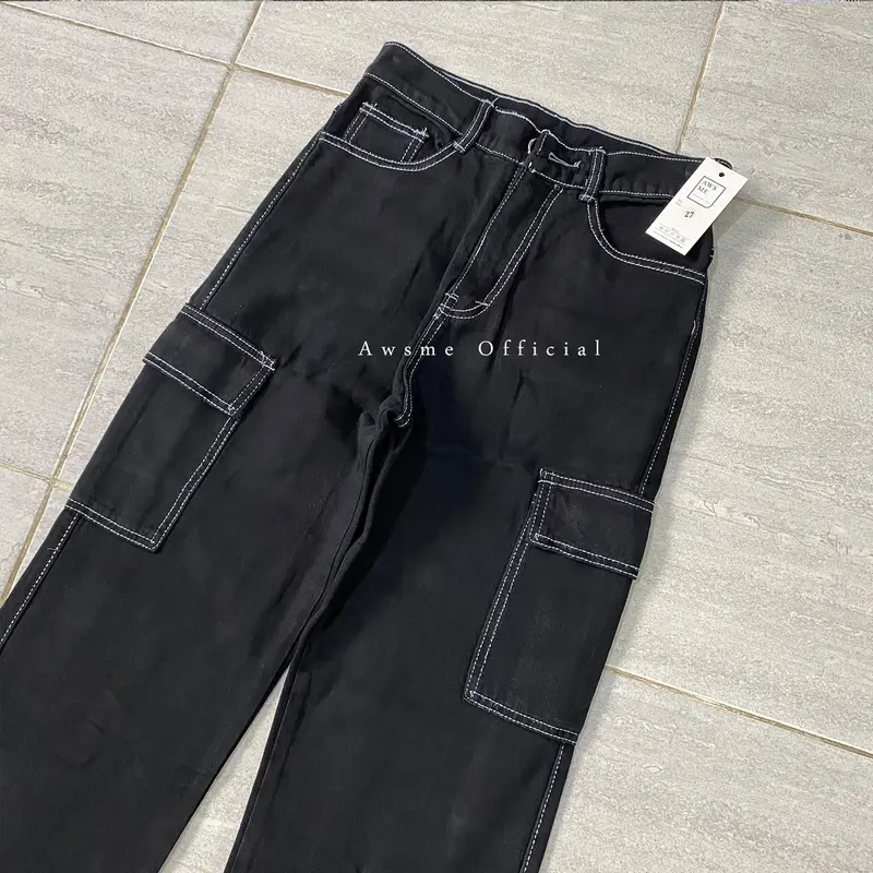 (27-34) Highwaist Loose Cargo Jeans Oreo / Celana Panjang Wanita Cewek Warna Hitam Kekinian Korean Style 0