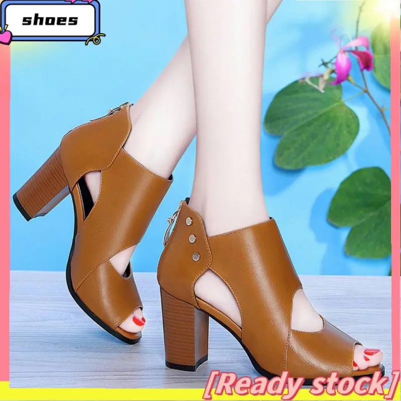 Chunky Heel High Heels Peep Toe New Leather Shoes Deep Mouth Mid Heel Hollow Sandals Pumps Women's Shoes Waterproof Platform