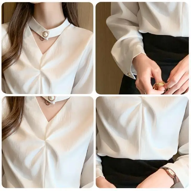 Áo Sơ Mi Lụa Giả Cho Nữ, Áo Dài Tay, Thiết Kế Mới, Thời Trang Đặc Biệt, Đa Năng, Duyên Dáng, Lớp Cơ Sở, Mùa Xuân 8