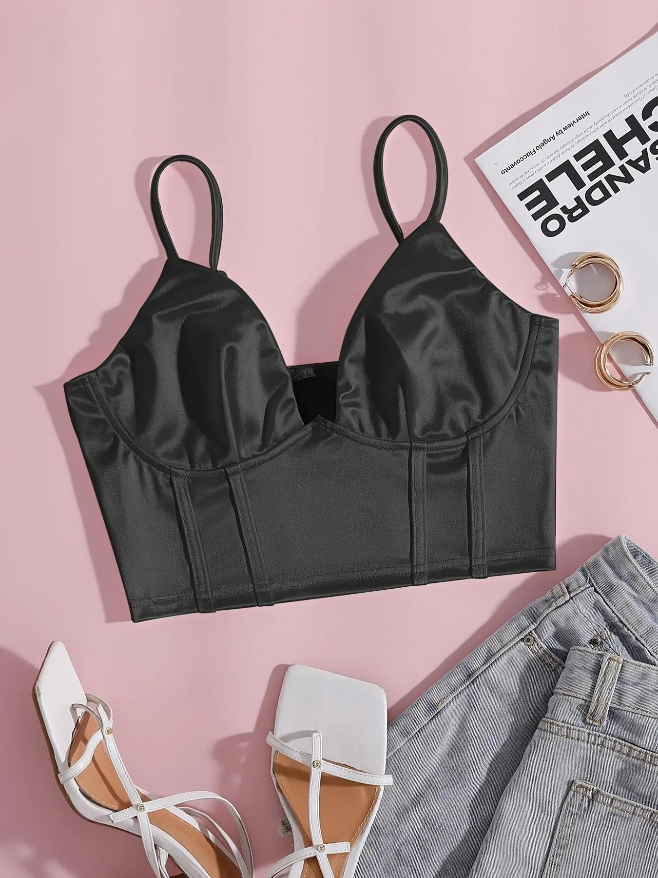 Women's Solid Adjustable Strap Backless Corset Crop Cami Top, Summer Clothes for Women, Solid Spaghetti Strap Bustier Top for Summer, Women's Top for Daily Wear Valentine's Day, gift