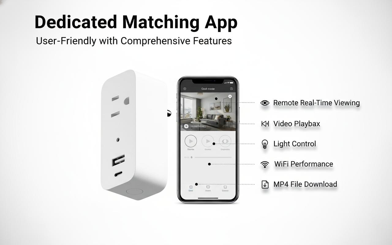 Kamera Multifungsi, Kamera Keamanan WiFi 1080P FHD, Peringatan Deteksi Gerakan, Perangkat Pintar Rumah Tangga, Sumber Daya Listrik Dinding, Pengisian Daya untuk 3 Perangkat (3-Prong, Tipe A, Tipe C)