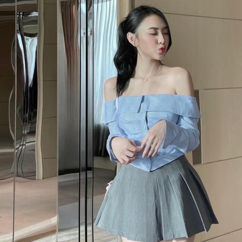 XẢ KHO SET CHÂN VÁY XẾP LY + ÁO SƠ MI 41201 KHÁNH VY STORE Tay dài Nữ Women Top