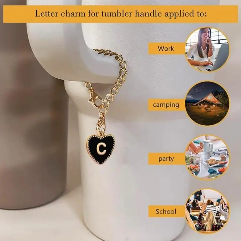Shape of Heart Letter Pattern Tumbler Charm, 1 Count Initial Letter Name ID Tag, Personalized Handle Charm for Tumbler, Straw Cups Accessories 7