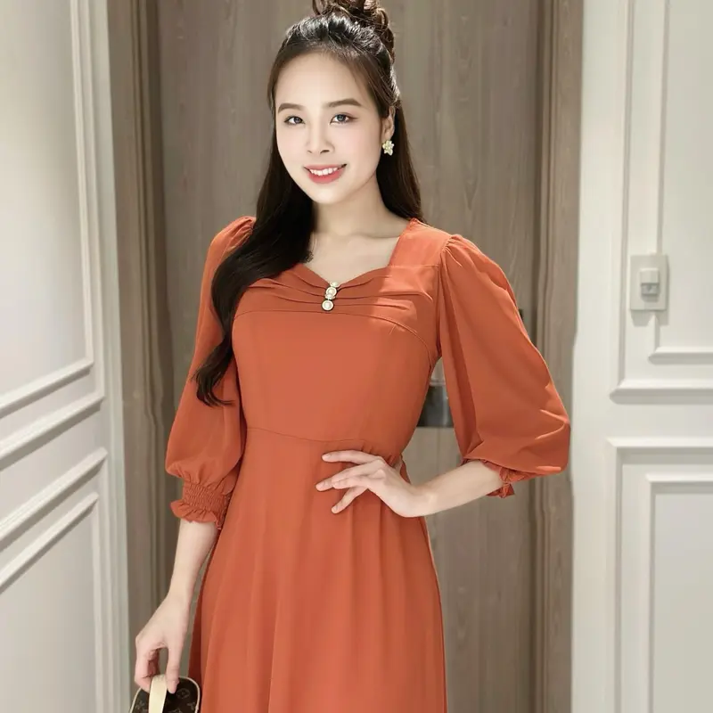 Đầm maxi form dài đính nút ngực, tay lỡ bo thun - GR0298 (Hình thật shop chụp) Nữ Dress 4
