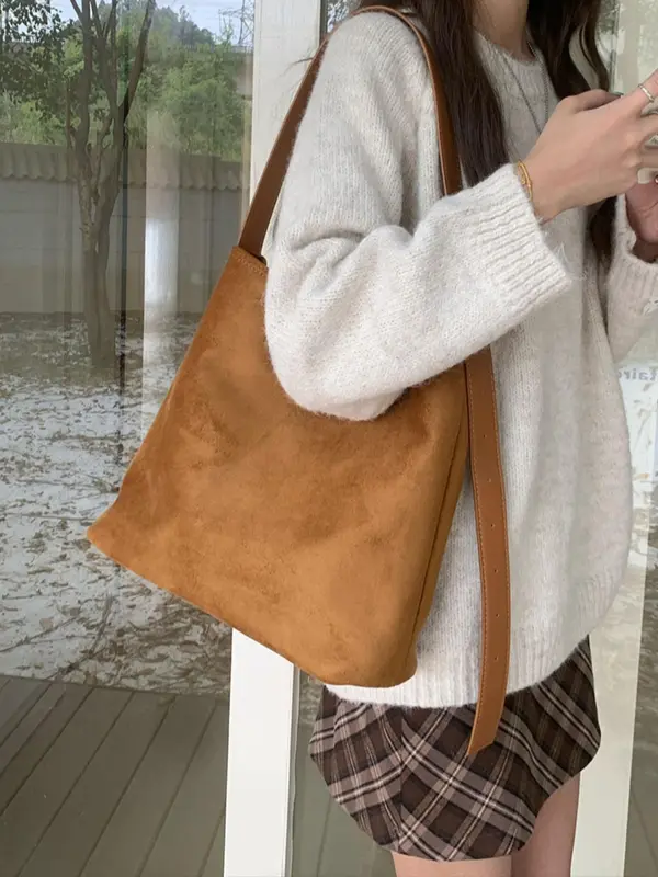 Women's Solid Color Suede Tote Bag, Fashionable Large Capacity Shoulder Bag for Daily Used, Casual Trendy Versatile High-quality Daily Commuting Bag 5