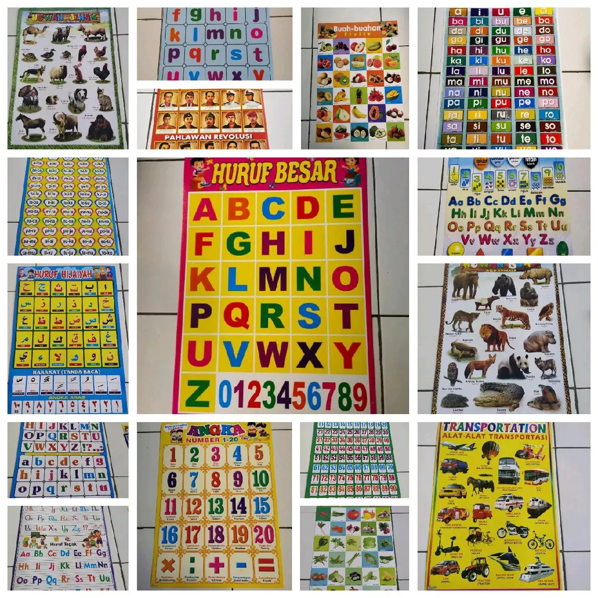 Poster Edukasi l Abjad l Angka 123 l Hewan l Buah buahan l Sayuran l Untuk Anak PAUD.