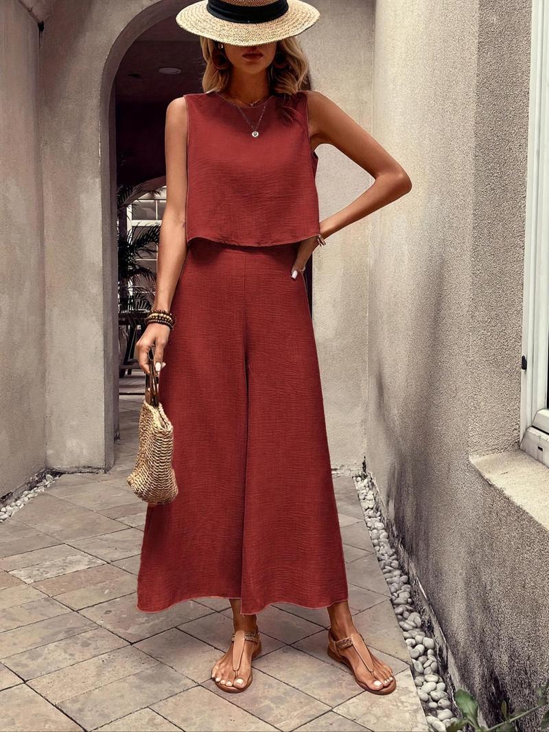 Product Introduction of Women's Solid Tank Top & Wide Leg Pants Two-piece Set, Casual Sleeveless Top & Pants for Daily Wear, Travel, Ladies Two-piece Outfits for Summer 5
