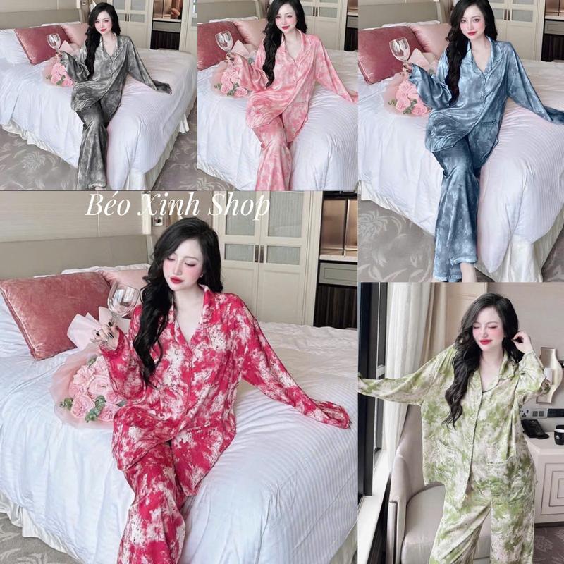 Đồ Bộ - Đồ Ngủ Tay Dài Vải Lụa Gấm Xước In Cao Cấp Pijama Bigsize 50-100Kg Bộ Ngủ Nữ Béo Xinh Shop