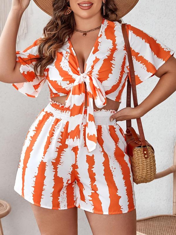 【Plus Size】Two-Piece Set Striped Print Knot Front Blouse & Paper Bag Waist Shorts Set, Casual Relaxed Short Sleeve Top & High Waist Shorts for Daily Wear, Women's Outfits for All Seasons 0