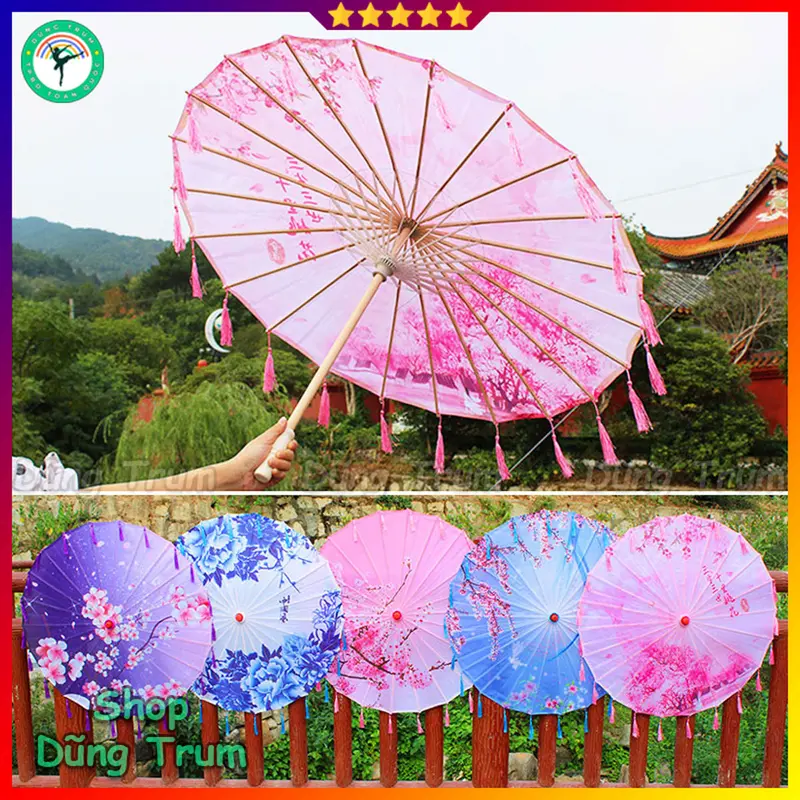 Ô Cổ Trang gắn tua rua chất liệu vải lụa đẹp, dù cổ trang biểu diễn trang trí 0