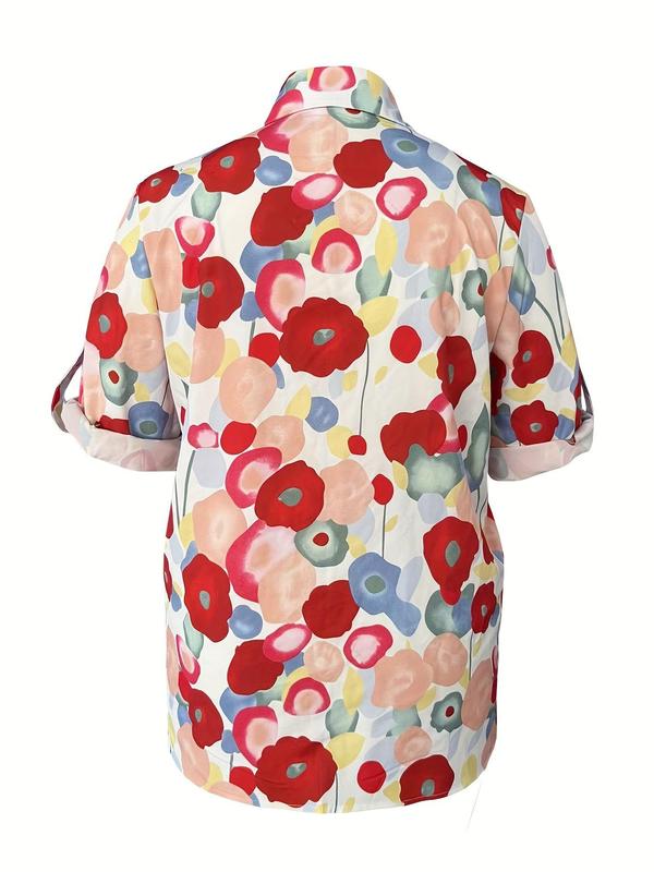 【plus Size】 All Over Floral Print Button Front Blouses, Casual Long Sleeve Collared Top for Spring & Fall, Women's Clothes for Daily Wear 1