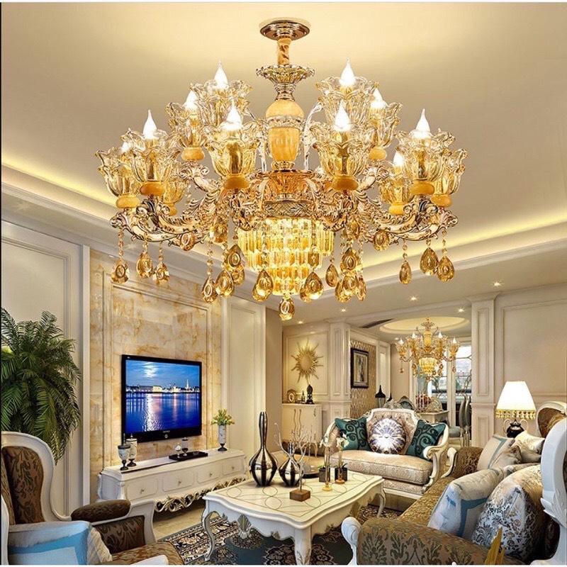 [HÀNG LOẠI I] Đèn chùm pha lê 15 tay LED XANH chao đá đúc màu vàng,Đèn chùm phòng khách tân cổ điển tặng bóng led