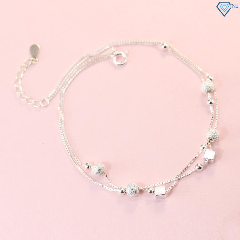  Lắc chân nữ bạc dây kép hình lập phương và bi bạc LCN0035 