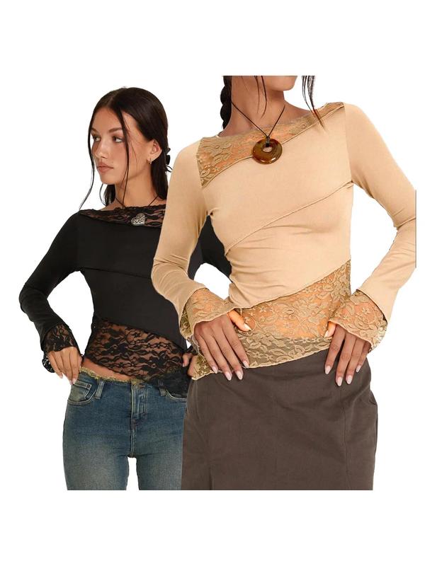 Women's Asymmetrical Hem Long Sleeve Contrast Lace Sheer Boat Neck Tee, Summer Tops, Comfort Womenswear, Minimalist Lady Top, Fashion Casual Fitted Flounce Sleeve T-shirt for Spring & Fall, Holiday Outfits, Women's Clothing for Daily Outdoor Wear 5