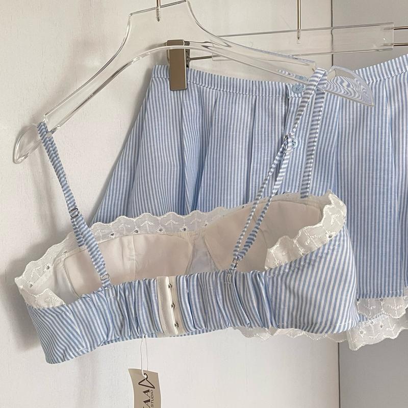 Maikaa Studio - áo cúp ngực + chân váy sọc phối ren đi biển - Ivy Set 3