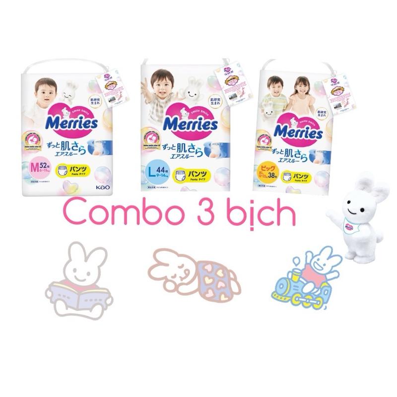 Combo 3 bịch tã dán quần Merries nội địa cộng miếng mẫu mới Cho Bé Cho Bé khăn  ướt