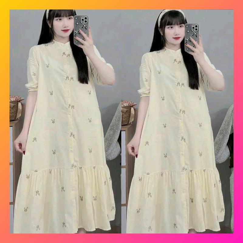 VÁY BẦU-ĐẦM BABY DOLL TAY DÀI DÁNG XUÔNG BẦU MẶC ĐƯỢC Nữ Khuy Dress Women Trắng Màu Trắng