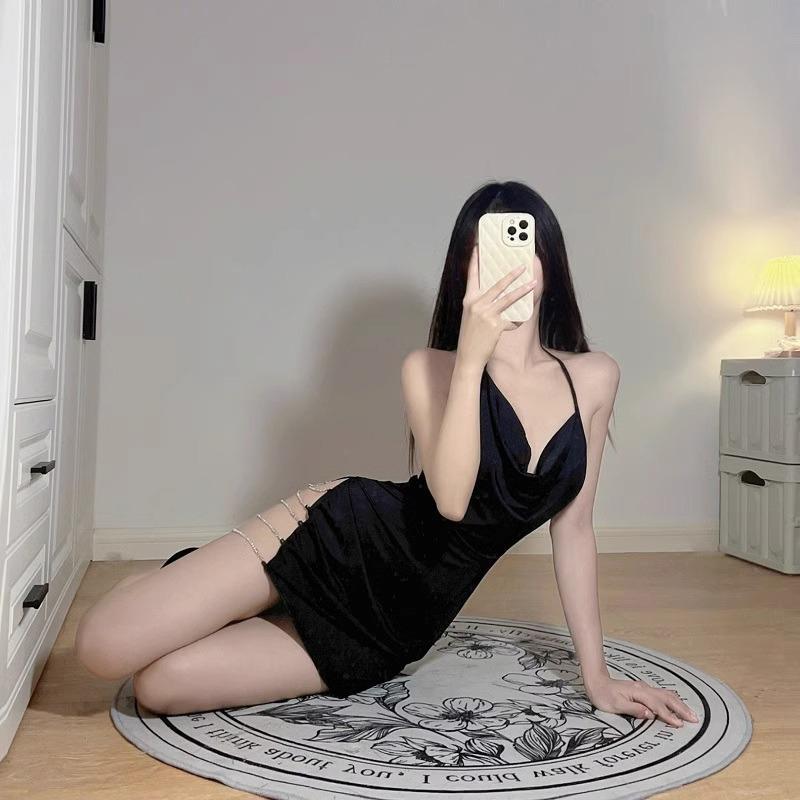 Women's Halter Nightclub Pajamas Sexy Chain Backless Side Slit Wrap Nightdress 5