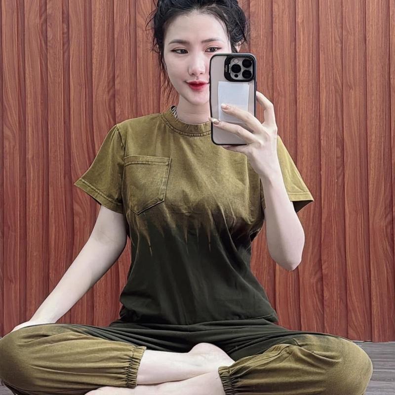 Đồ Bộ cotton Trơn wash màu tay ngắn rộng vưa quần bo chun