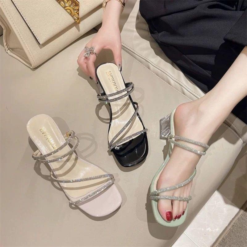 Product Introduction of Summer New Rhinestone Fairy Style Chunky Heel Two-Way Sandals Elegant Outdoor Crystal High Heels for Women 2