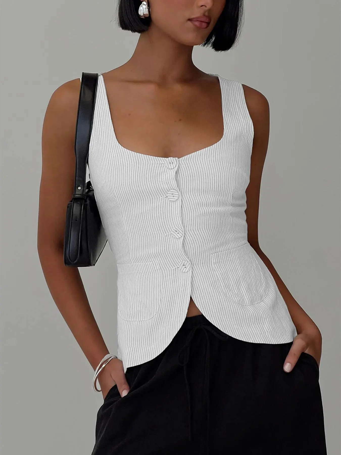 Women's Striped Button Tank Blouses, Casual Sleeveless Top for Summer, Ladies Clothes for Daily Wear