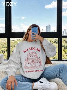 YOZY Women's Cake & Letter Print Drop Shoulder Sweatshirt, Casual Long Sleeve Round Neck Pullover for Fall & Winter, Ladies Clothes for Daily Wear