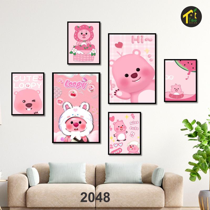 Set tranh Gấu Loopy, Gấu Dâu, Capybara dán tường trang trí phòng ngủ phòng khách decor bàn học không cần khoan tường có sẵn keo Táo Decor