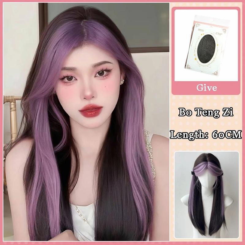 Tóc Giả Tóc Thẳng dài Trung Bình 24 Inch, Có Mái, Luna, Tóc Mái Màu Hồng Tím, Nhuộm Thanh Lịch, Đầu Đầy Đủ, Thích Hợp Cho Phong Cách Lolita 7
