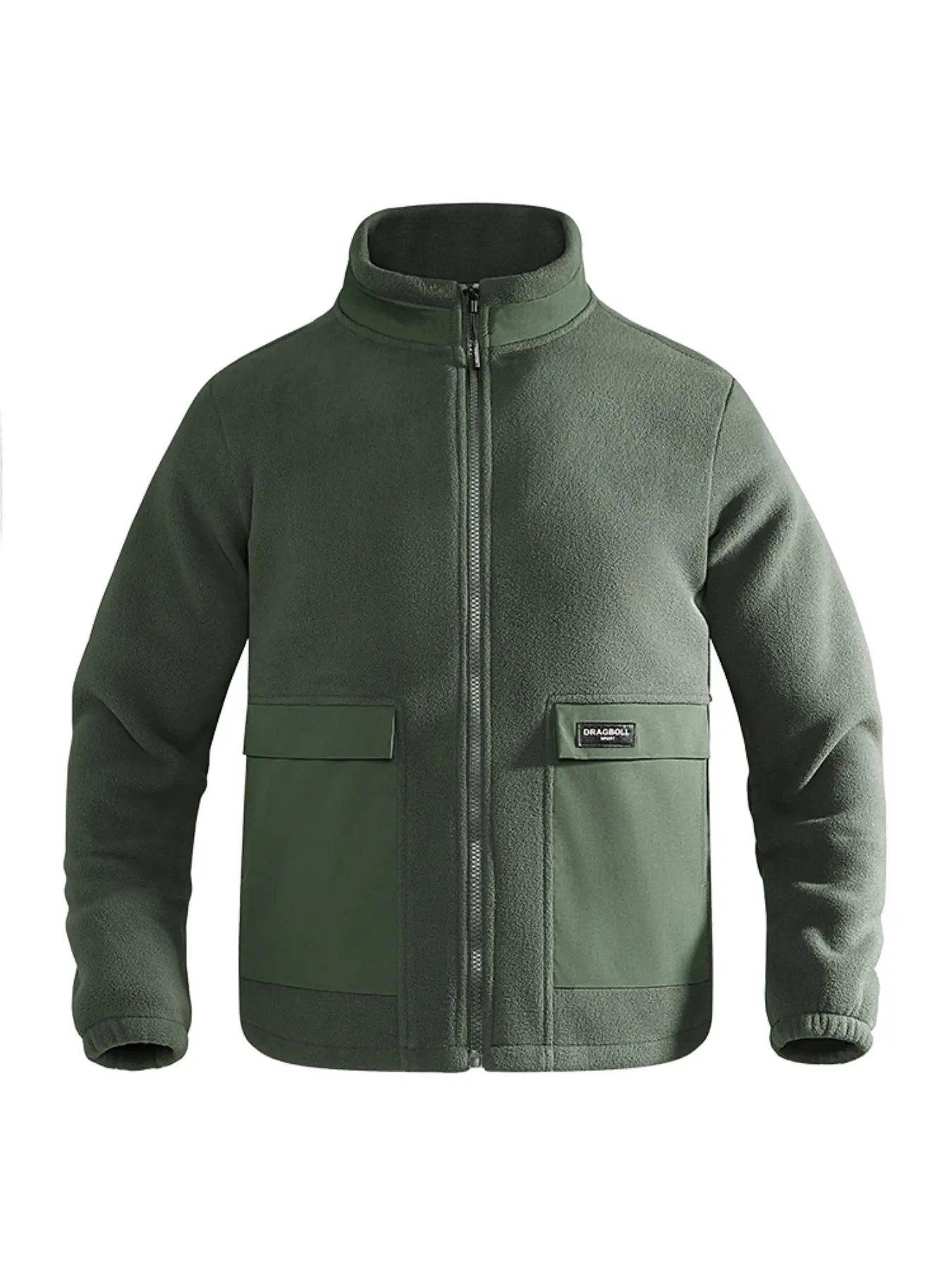 Men's Solid Patched Pocket Zipper Funnel Neck Fleece Jacket, Regular Fit Casual Long Sleeve Zip Up Outerwear for Fall & Winter, Men's Clothes for Daily Wear