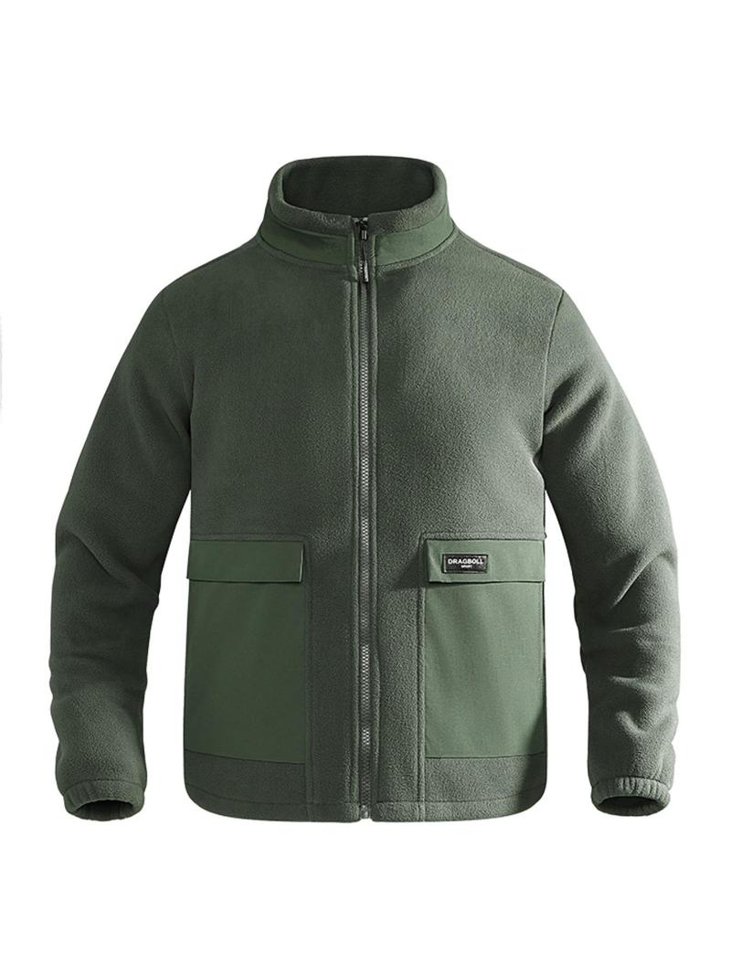 Product Introduction of Men's Solid Patched Pocket Zipper Funnel Neck Fleece Jacket, Regular Fit Casual Long Sleeve Zip Up Outerwear for Fall & Winter, Men's Clothes for Daily Wear 1