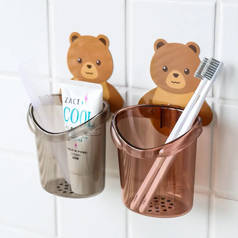 Cốc Gấu Treo Tường, Để Đựng Bàn Chải Đánh Răng, Có Lỗ Thoát Nước, Siêu Dính