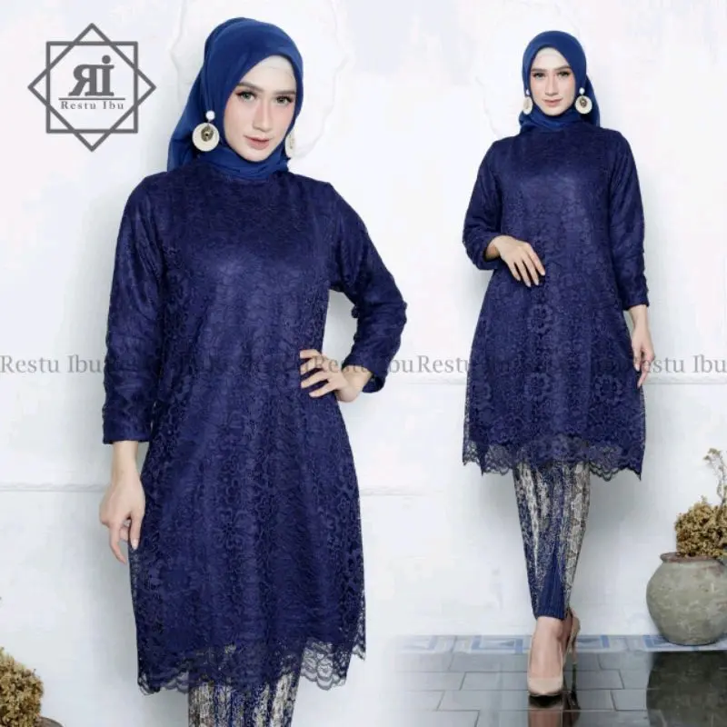 BAJU KEBAYA COUPLE  WARNA  NAVY KEBAYA WISUDA  TUNANGAN  MODERN BUSUI FRIENDLY COUPLEKEBAYADANBATIK AYAHIBU ANAK BAHAN Katun Bunga 4