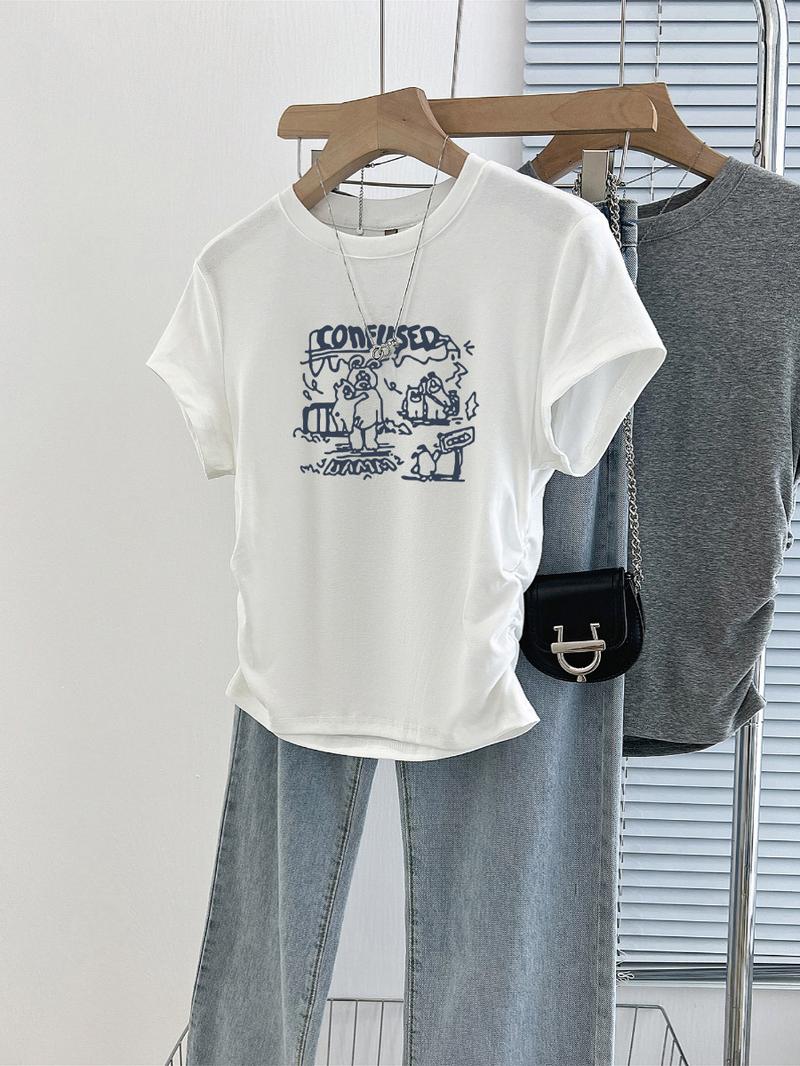Product Introduction of Short pleated women's T-shirt waist design sweet short-sleeved summer cotton round neck top 6