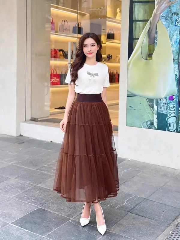 Chân váy ren cạp cao free size bồng bềnh 0