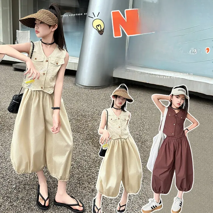 Bộ Đồ Bé Gái, Thiết Kế Hai Mảnh, Thời Trang Hàn Quốc, Thích Hợp Mặc Hàng Ngày Hoặc Đi Học, Phong Cách Quần Đèn Lồng, Có Cỡ 18-50kg