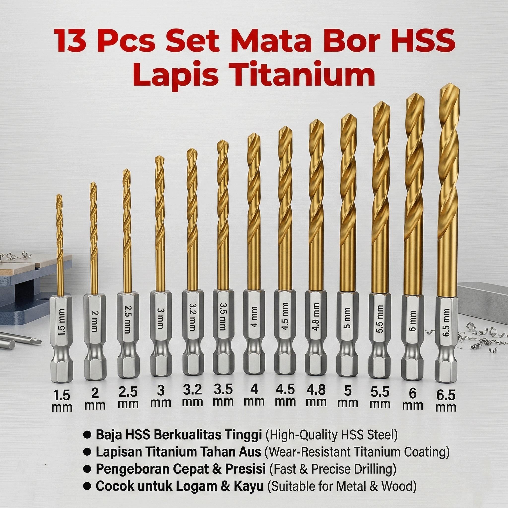 Mata Bor Besi Baja Set 13pcs HSS Titanium Power Drill Steel Hex Shank ...