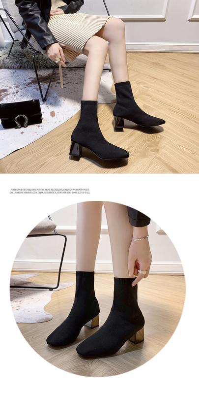 Product Introduction of Women's Boots 2023 Autumn and Winter Women's Shoes All-Match Elastic Booties Women's Chunky Heel Pointed Net Hongfei Woven Boots Women's Wholesale 9