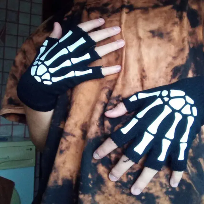 Unisex Adult Halloween Skeleton Skull Half Finger Gloves Glow in the Dark Fingerless Stretch Knitted Winter Mittens